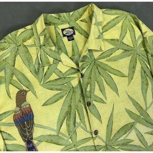 Tommy Bahama Shirt Men 2XL Green Linen Parrot Floral Hawaiian Loop Collar Beach